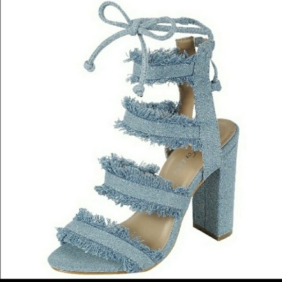 Shoes - Chunky Heeled  Distressed Frayed Denim Heels